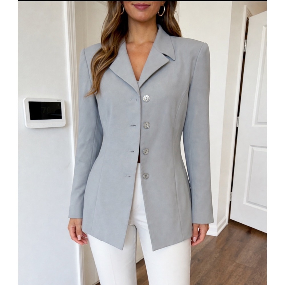 Le Suit Paris New York Gray Longline 4 Button Blazer Jacket Size 10 Office Wear